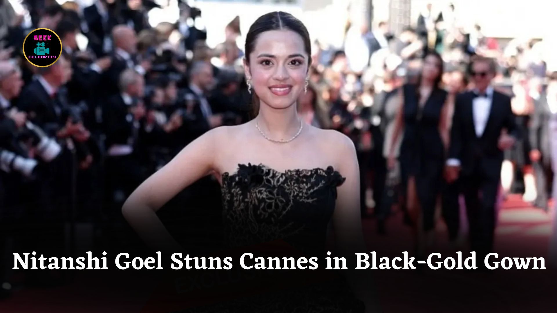 Nitanshi Goel Makes Stunning Cannes 2025 Debut Wearing Elegant Black and Gold Embroidered Gown